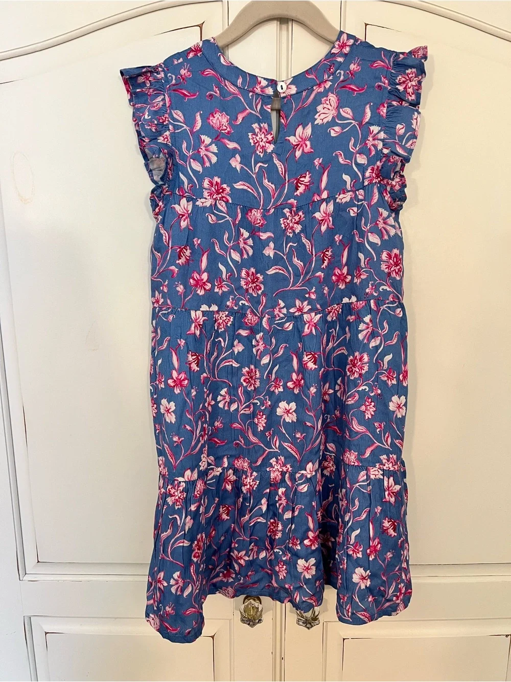 Blue and Pink Floral Ruffle Sleeve Girls' Dress